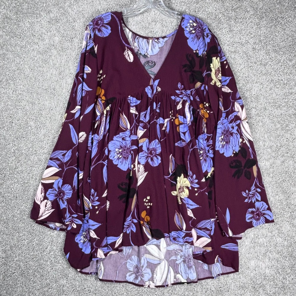 Free People Floral Print‎ Tunic Top Plum Purple Bell Sleeve Bohemian Medium